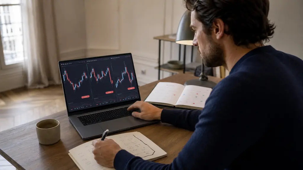 a retail trader closing three correlated forex positions on a laptop while checking a handwritten daily loss ceiling beside an economic calendar, no text or logo