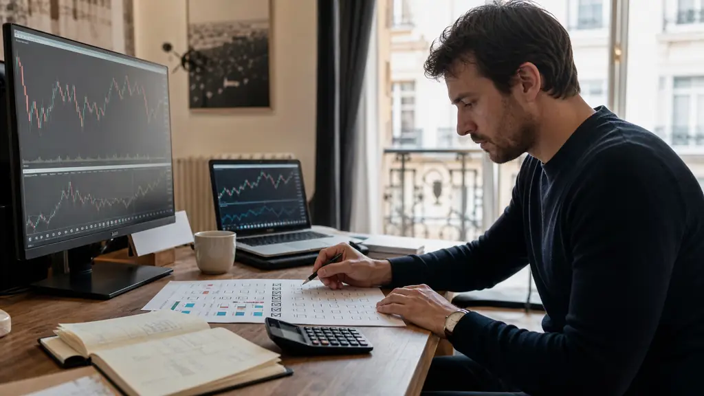 A forex trader at a home desk reviewing a risk management checklist beside a position sizing calculator and a trading journal, editorial photography, no text, no logos