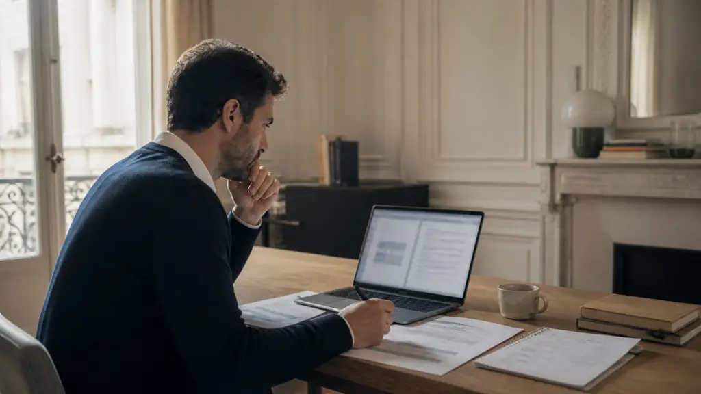A trader reviewing a withdrawal request on a laptop beside printed trading rules and a handwritten compliance checklist, editorial photography, no text, no logos