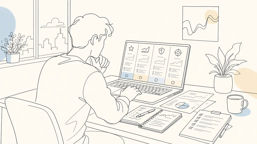 Editorial photo of a retail trader at a desk comparing several proprietary trading firms on a laptop with notes, charts and a checklist, natural light, realistic office scene, no text, no logo