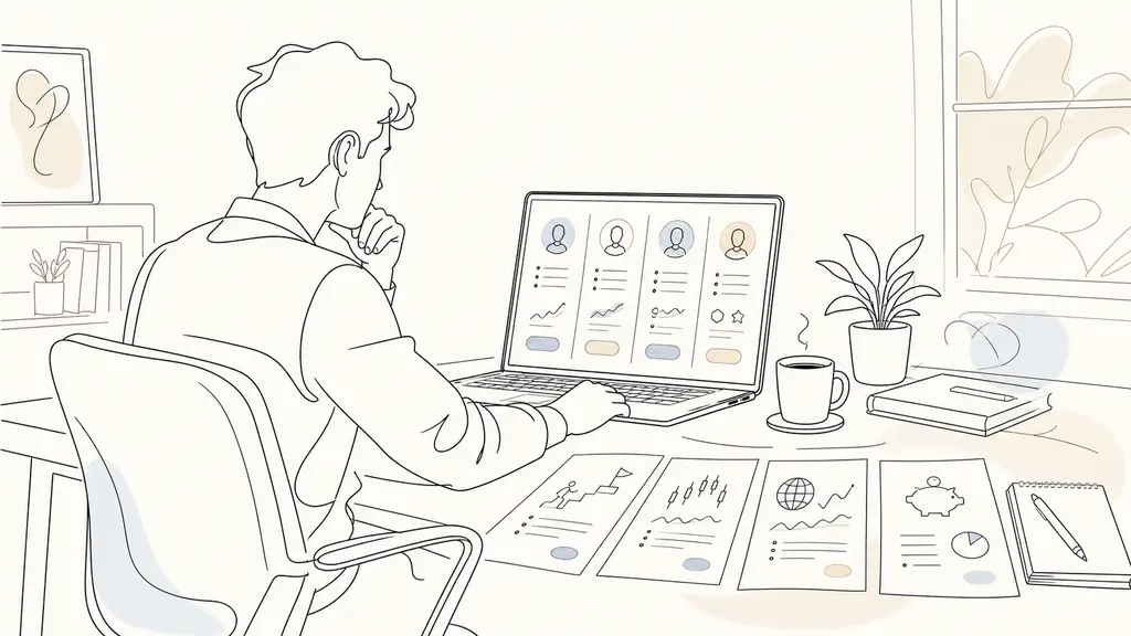 Editorial photo of a retail trader comparing prop firm options by profile on a laptop, with handwritten notes labeled beginner, forex, indices and budget, realistic home office, natural light, no text, no logo
