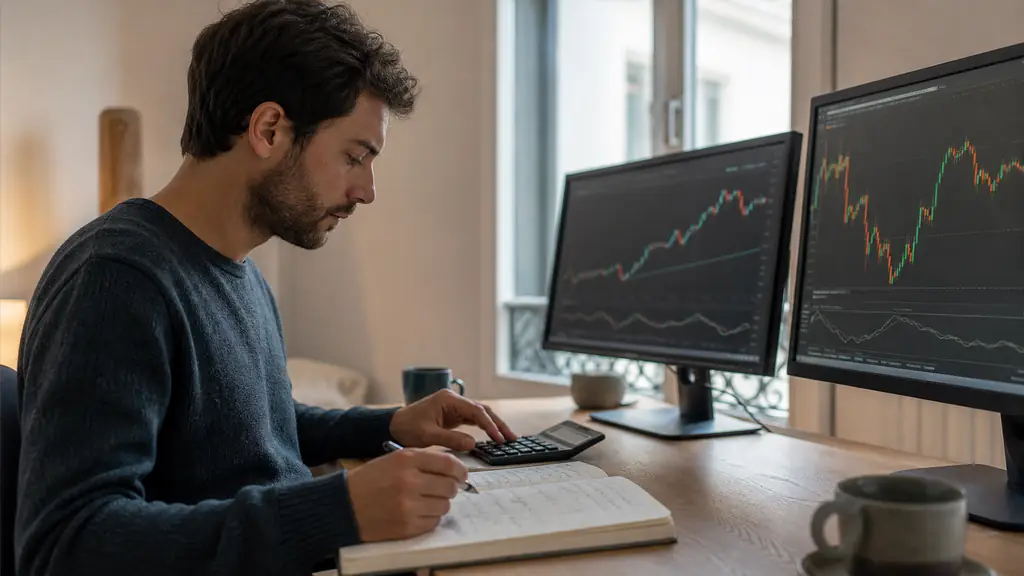A part-time forex trader at a home desk using a calculator beside an open risk-management notebook, with candlestick charts on two monitors, no visible text or logos