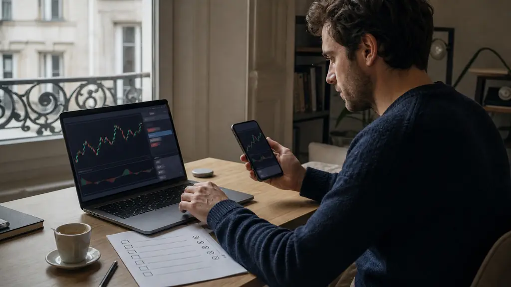 A part-time trader placing a stop order on a laptop while checking the same open position on a smartphone, with a paper checklist beside the keyboard, no visible text or logos