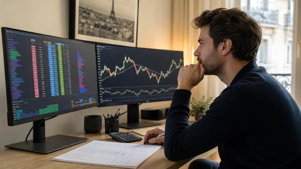 French retail trader comparing a Futures order book and Forex candlestick chart on two monitors, with a calculator and handwritten drawdown limits on the desk, editorial photography, no text, no logos