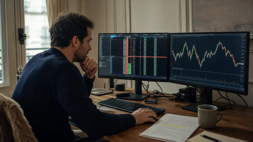 Trader examining a CME futures depth-of-market ladder beside a MetaTrader forex chart, with an overnight position rule highlighted on a printed checklist, editorial photography, no text, no logos