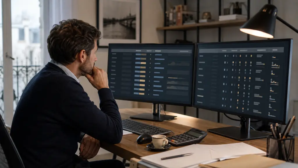 French trader at a desk comparing an instant funding account table showing drawdown ranges and payout conditions on two monitors, with a calculator beside the keyboard, no visible logos or text