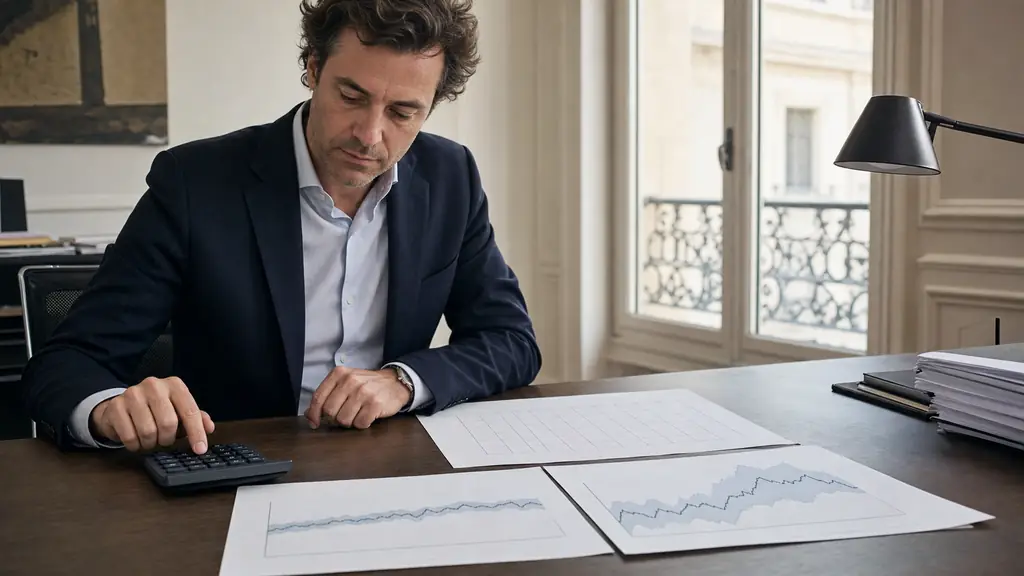 French trader using a calculator beside a monthly calendar and two printed risk charts comparing a narrow drawdown limit with a wider one, editorial photography, no visible text or logos