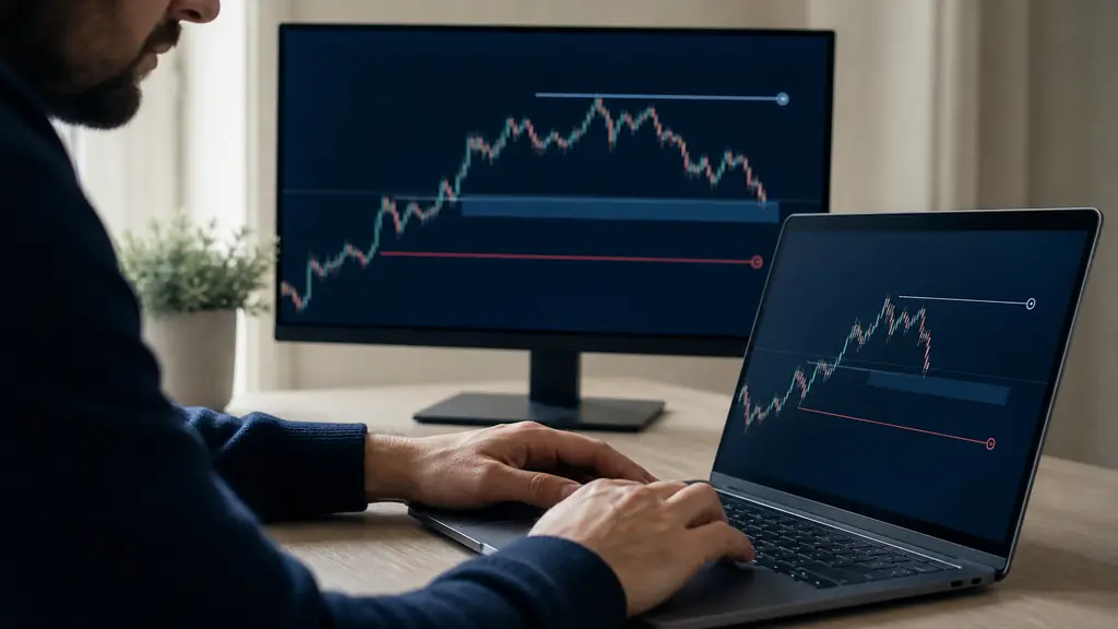 close-up editorial photograph of a trader configuring entry thresholds on a laptop beside a demo trading screen showing a pending stop order and a visible stop-loss level, no text, no logos