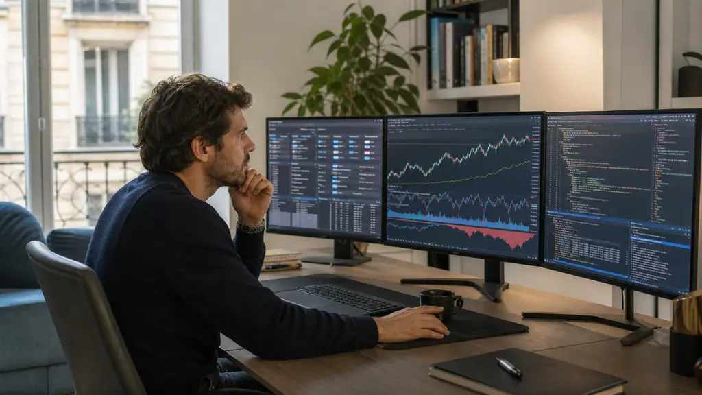editorial photograph of a trader comparing MetaTrader 4 expert advisor settings, a ProRealTime backtest chart, and an API code window across three monitors, no text, no logos