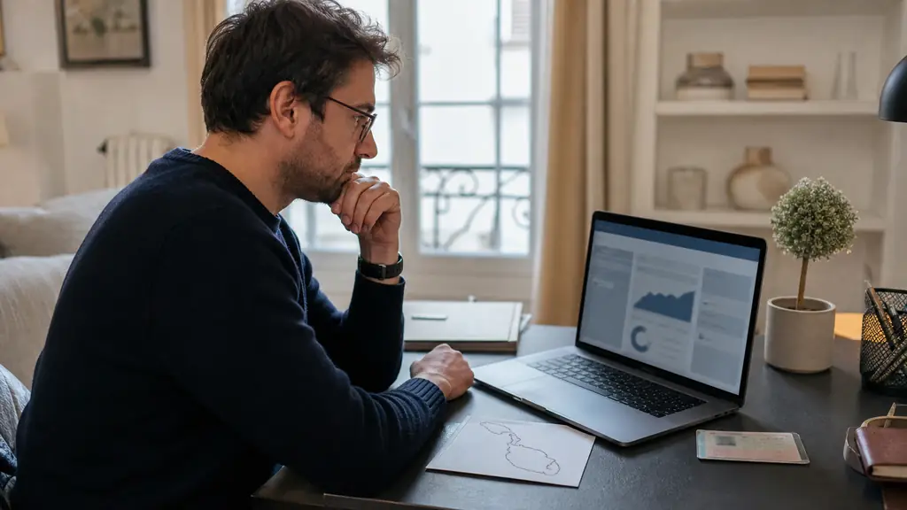 A trader at a home desk checking a migrated trading account on a laptop, with an identity document ready for verification and a handwritten note showing Malta, editorial photography, no visible text or logos