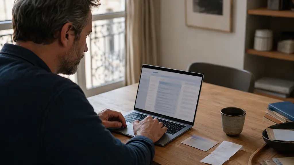 A trader checking an email inbox on a laptop beside an identity document and a printed purchase receipt, editorial photography, no visible text or logos