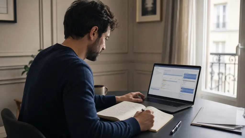 editorial photograph of a trader checking an official giveaway entry confirmation on a laptop, comparing the eligibility period with notes in a paper notebook, no readable text or logo