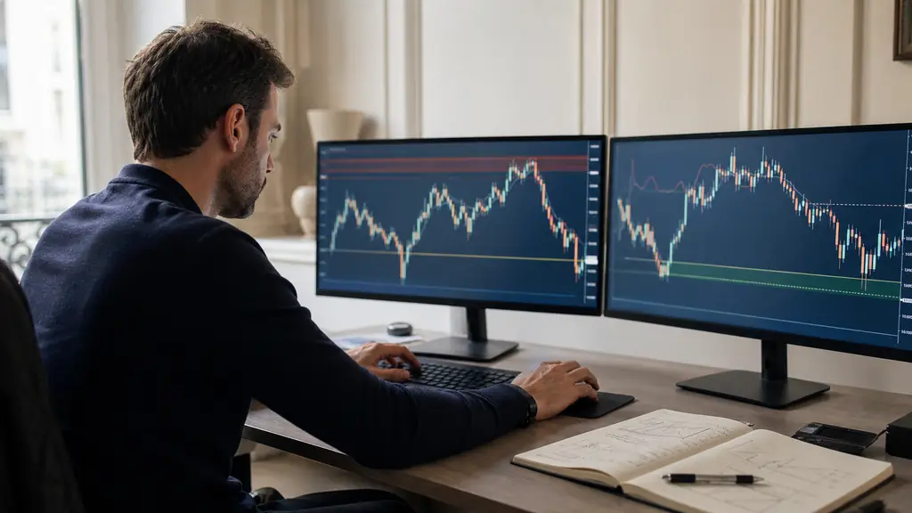 A focused trader setting a stop-loss on a simulated Forex chart across two monitors, with a calculator and risk-management notebook beside the keyboard, editorial photography, no text, no logos
