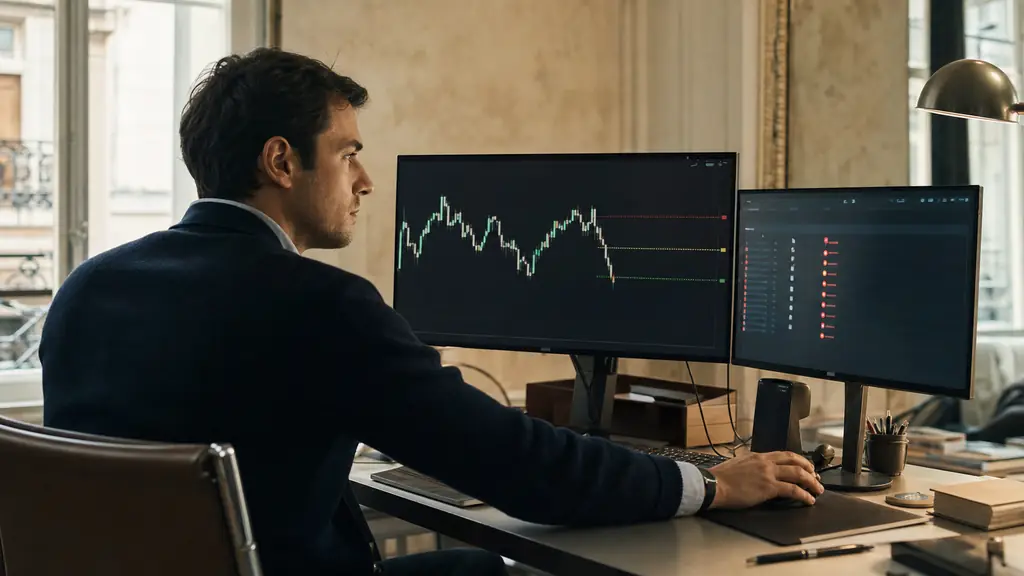 A trader closing a Forex position before the Friday market close, with a red economic-event marker on a second monitor and colored daily-loss limit lines beside the chart, editorial photography, no text, no logos