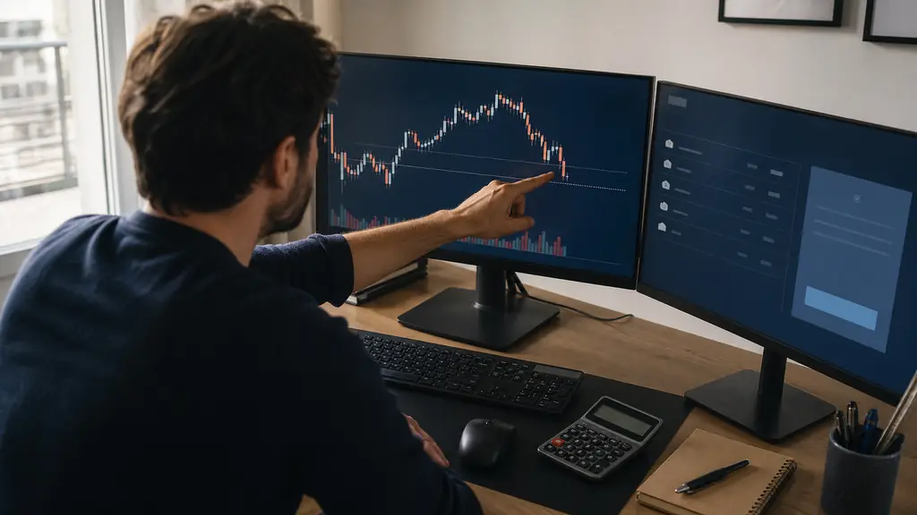 Editorial photograph of a home trader placing a stop loss on a demo trading chart, with a position-size calculator beside the keyboard and a payout request screen on a second monitor, no readable text or logos
