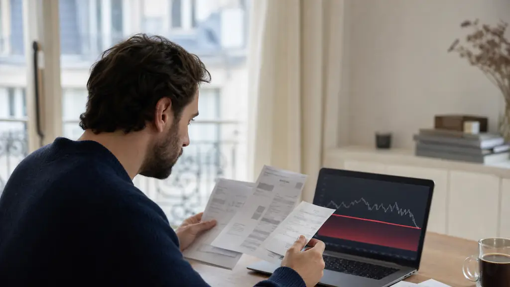 Editorial photograph of a trader comparing several challenge fee receipts with a regulated brokerage account statement, while a drawdown limit is highlighted on a laptop screen, no readable text or logos