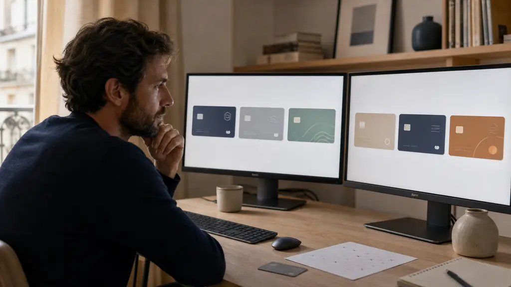 French retail trader at a home desk comparing six generic account cards across two monitors, with a bank card and a withdrawal calendar beside the keyboard, no visible text or logos
