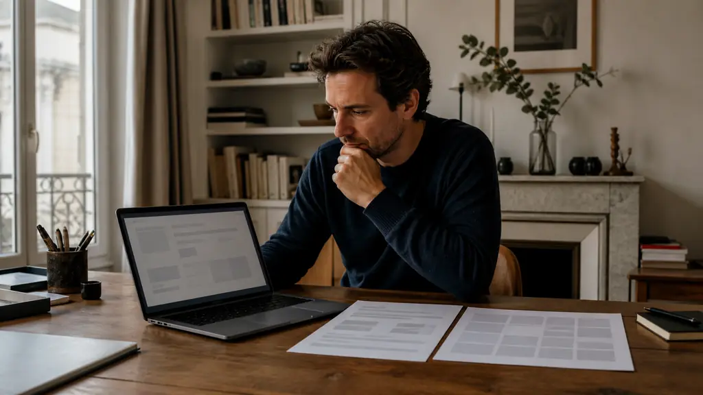 Editorial photograph of a trader checking a corporate registry on a laptop beside a printed withdrawal policy and a twelve-month payout calendar, no visible text or logos