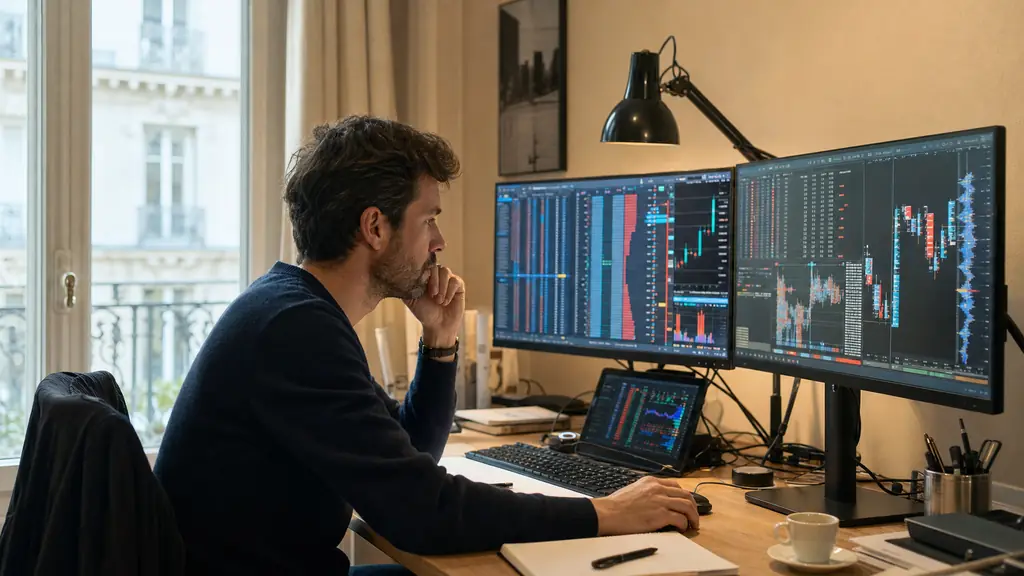 futures trader examining a DOM order book and Footprint chart on two monitors, with a CME futures platform open in a realistic home trading desk setting, no visible text or logos
