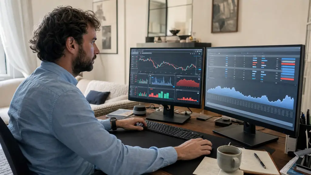futures trader checking an intraday trailing drawdown threshold beside a CPI economic calendar while reducing a position from mini to micro contracts, realistic home desk, no text or logos