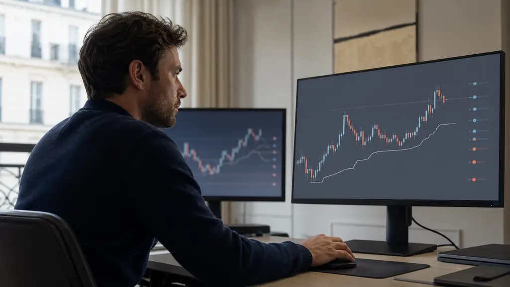 Close-up editorial photograph of a futures trader reducing position size from mini to micro contracts, with a candlestick chart and a clearly visible trailing loss boundary on dual monitors, no text, no logos