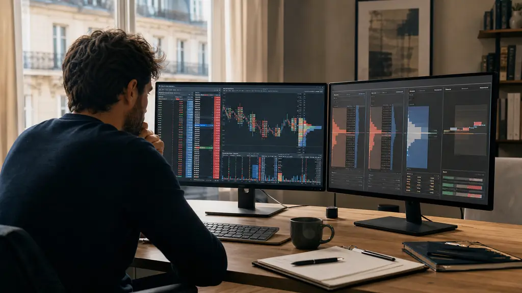 Editorial photograph of a trader viewing a futures DOM and Footprint chart on one monitor while comparing tick commissions and a CFD spread on a second screen, no text, no logos