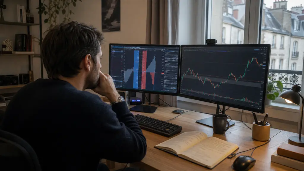 trader at a dual-monitor desk comparing a CME futures contract ladder on NinjaTrader with a Forex chart on MetaTrader 5, risk limits handwritten in a notebook, editorial photography, no text, no logos