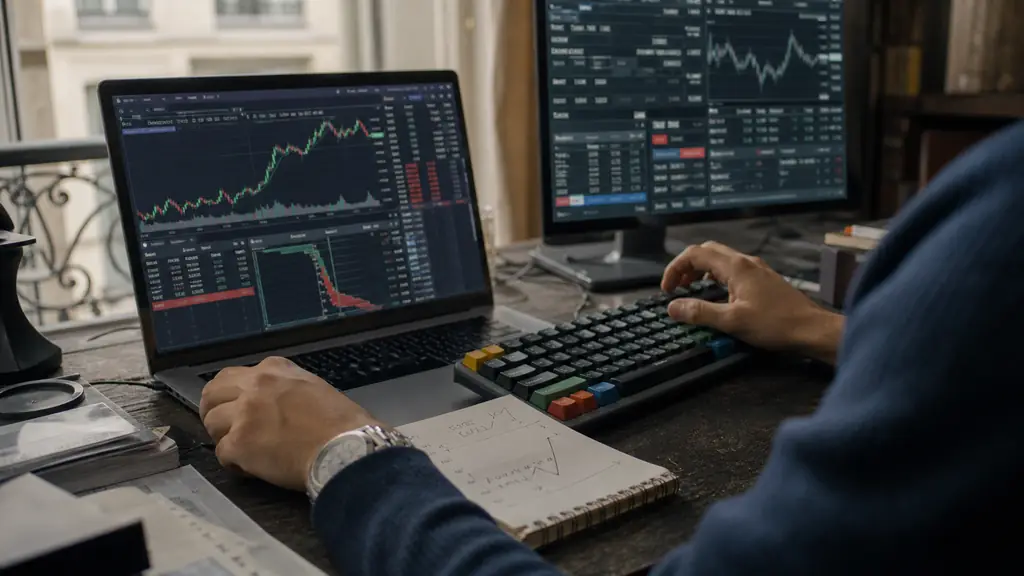 close-up editorial photograph of a futures trader testing NinjaTrader order shortcuts beside a laptop displaying MetaTrader 5 lot sizing, with a handwritten drawdown limit on a notepad, no text, no logos
