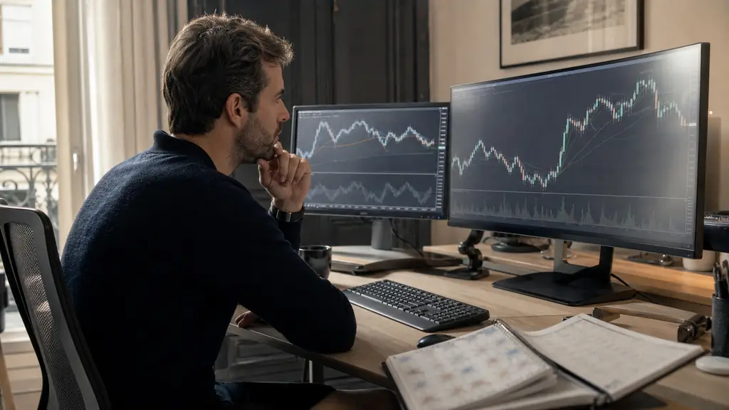 trader at a desk comparing Forex and index charts on two monitors, with a payout calendar and risk notes beside the keyboard, no visible text or logos