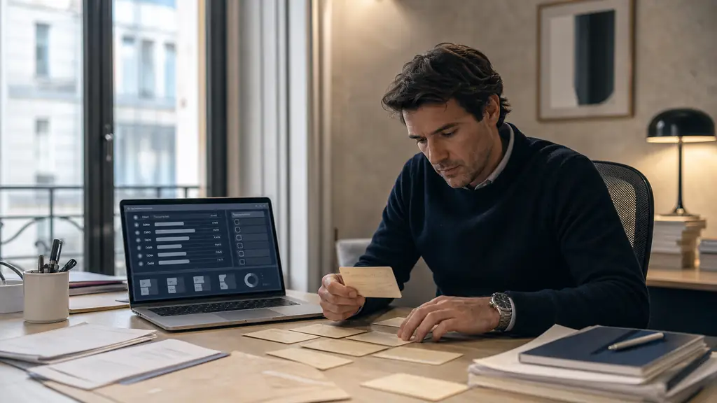 trader reviewing dated user feedback cards beside a ranking dashboard and a KYC checklist on a laptop, no visible text or logos