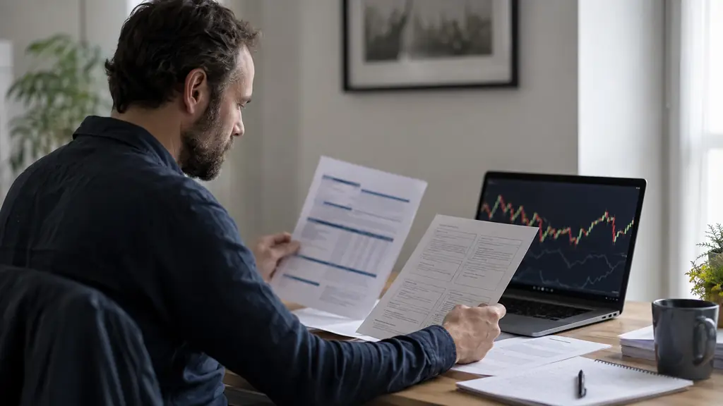 A trader at a home desk comparing an activation invoice with drawdown conditions beside a laptop displaying an unbranded trading chart, editorial photography, no visible text or logos