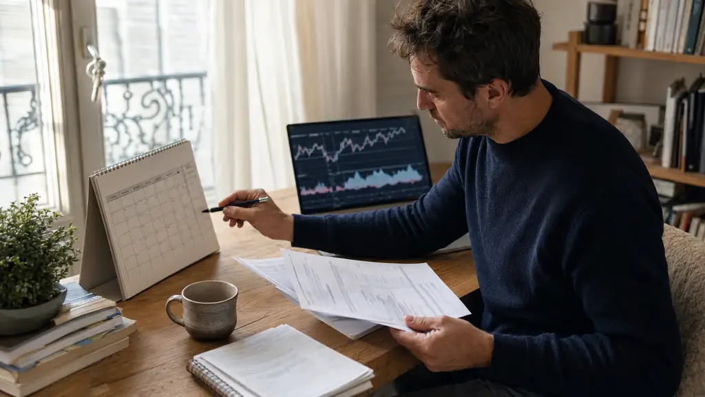 A trader marking an activation deadline on a paper calendar while comparing a payment invoice and printed account rules at a home desk, editorial photography, no visible text or logos