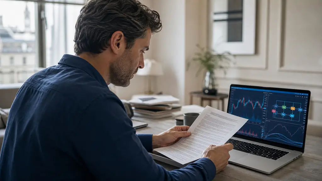 A trader reviewing a funding contract beside a laptop showing a simulated trading dashboard and an order execution flow diagram, realistic editorial photography, no text, no logos