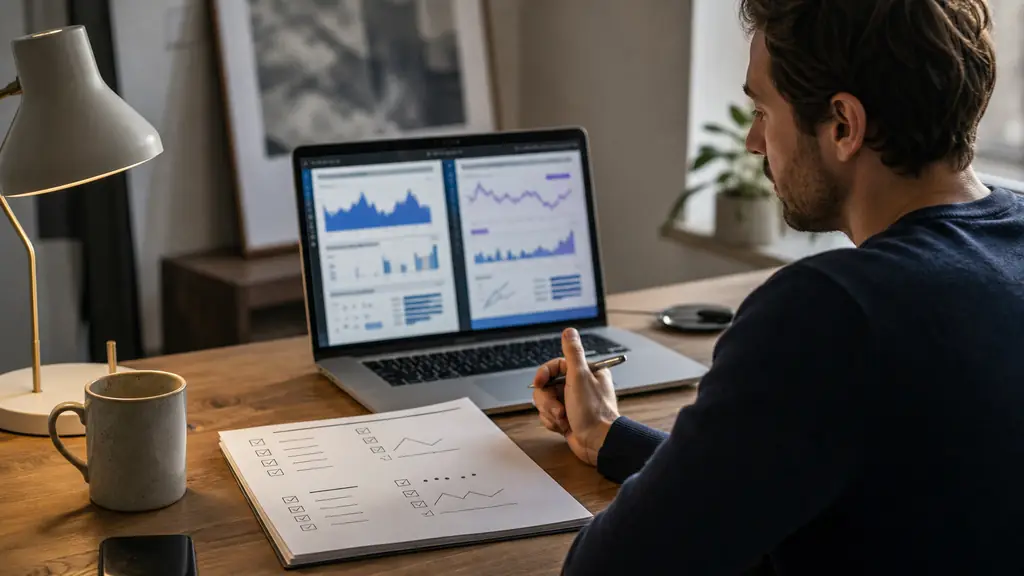 A French trader comparing two instant funding offers on a laptop, with a handwritten checklist showing drawdown, payout and overnight rules, realistic editorial photography, no text, no logos
