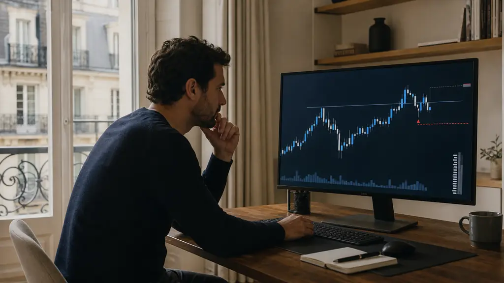 Editorial photograph of a swing trader monitoring a Forex chart showing a breakout, retest and temporary pullback, with a stop-loss marker and margin gauge visible on the trading screen, no text or logo