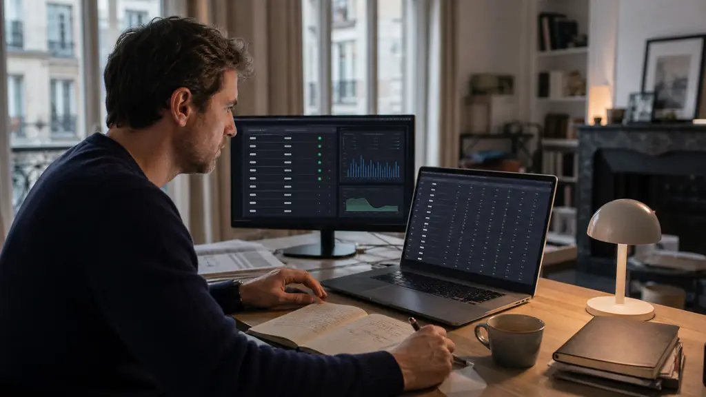 Editorial photograph of a trader comparing a nine-row prop firm table on a laptop while checking overnight permissions and drawdown rules on a second screen, no text or logo