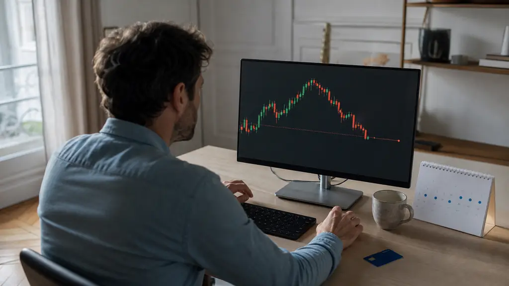 Editorial photograph of a home trader placing a stop loss on an unlabeled candlestick chart, with a desk calendar showing several marked trading days and a payment card beside the keyboard, no text, no logos