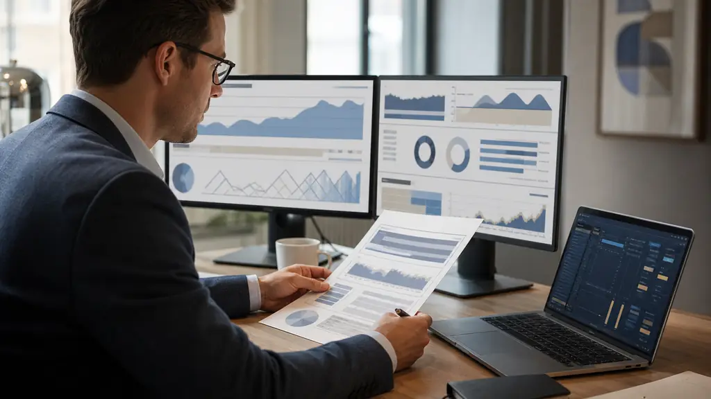 Editorial photograph of a trader comparing a simulated account dashboard with a broker contract, beside a laptop showing an unlabeled futures order-routing window, no text, no logos