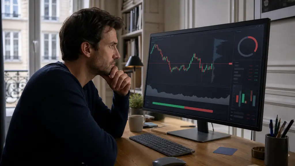 Trader at a desk reviewing a simulated trading dashboard with a visible stop-loss order and drawdown gauge, payment card beside the keyboard, no text or logos