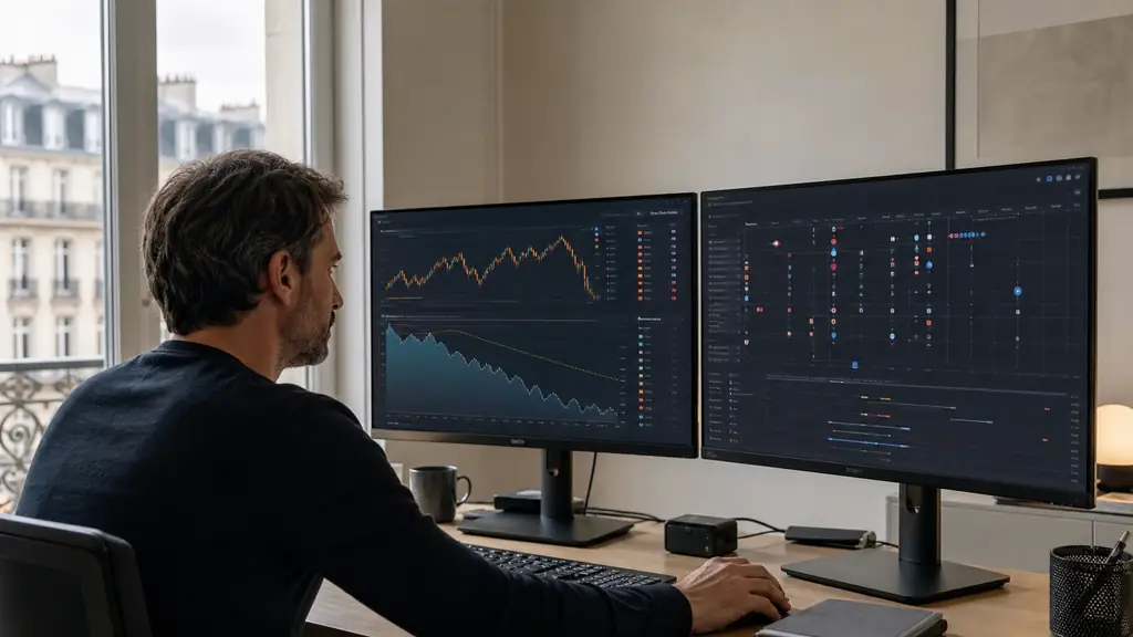 Trader comparing two risk dashboards on dual monitors, one showing a trailing drawdown gauge and the other an economic calendar with overnight positions, no readable text or logos