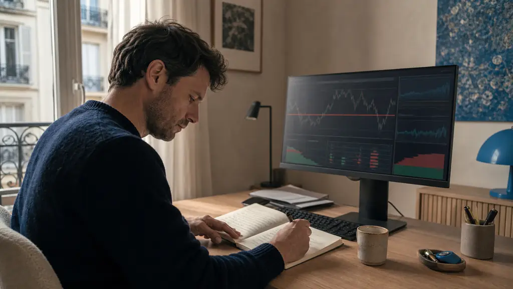 Editorial photograph of a focused retail trader recording a trade in a paper journal beside a computer displaying an unreadable risk dashboard and a clearly marked stop loss line, no text, no logos