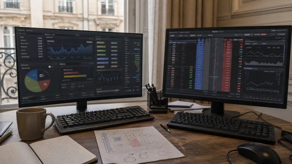Editorial photograph of two trading workstations side by side, one showing a simulated account dashboard and the other a futures order ladder connected through a broker terminal, with a handwritten note comparing displayed capital and drawdown, no text, no logos
