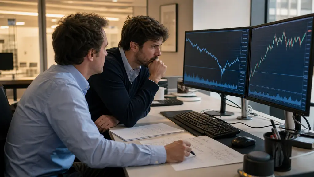 A risk manager and a trader reviewing a futures position on dual monitors, with a drawdown chart and a handwritten position-size calculation visible, editorial photography, no text or logos