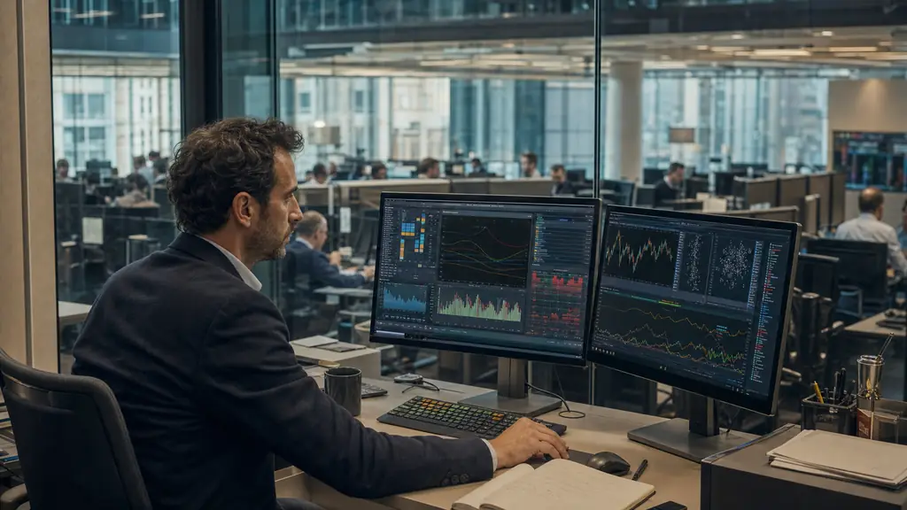 An independent trading firm office beside a bank trading floor, with a risk manager examining a mortgage position report and an arbitrage screen, editorial photography, no text or logos