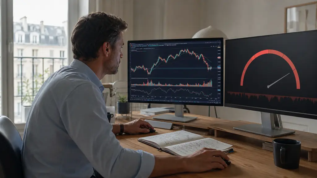 Editorial photograph of a focused home trader placing a stop order beside a risk notebook, with a simulated evaluation dashboard and drawdown gauge visible on two monitors, no text, no logos