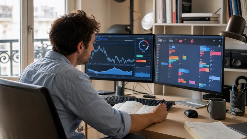 Editorial photograph of a trader checking an economic calendar beside a position sizing notebook, with a trailing drawdown gauge and an overnight position visible on two monitors, no text, no logos