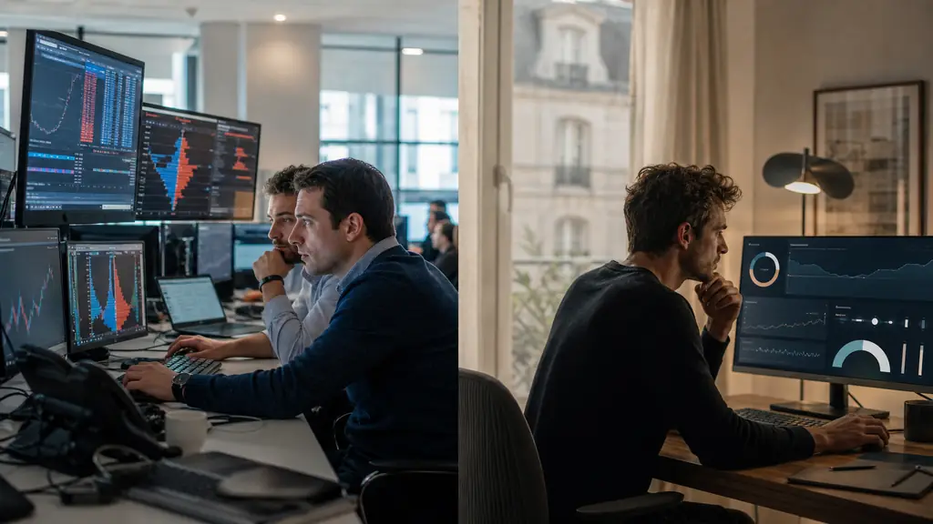 editorial photograph split scene showing a quant and developer reviewing an order book on a professional trading floor while an independent home trader studies a simulated challenge dashboard with drawdown limits, no text, no logos