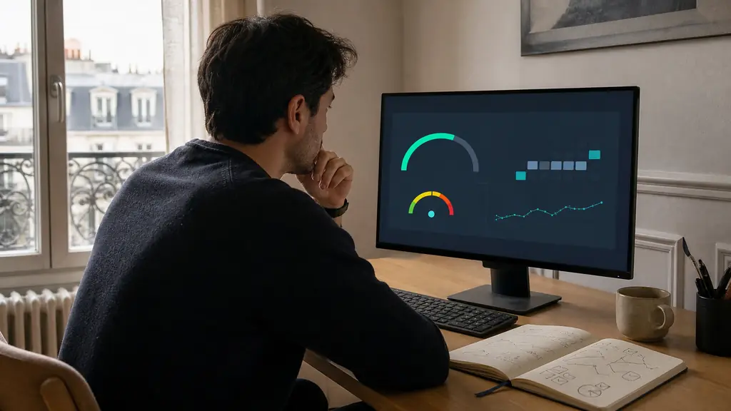 editorial photograph of a home trader reviewing a demo challenge dashboard showing a profit target, daily loss limit and trading-day calendar, with a risk journal open beside the keyboard, no text, no logos