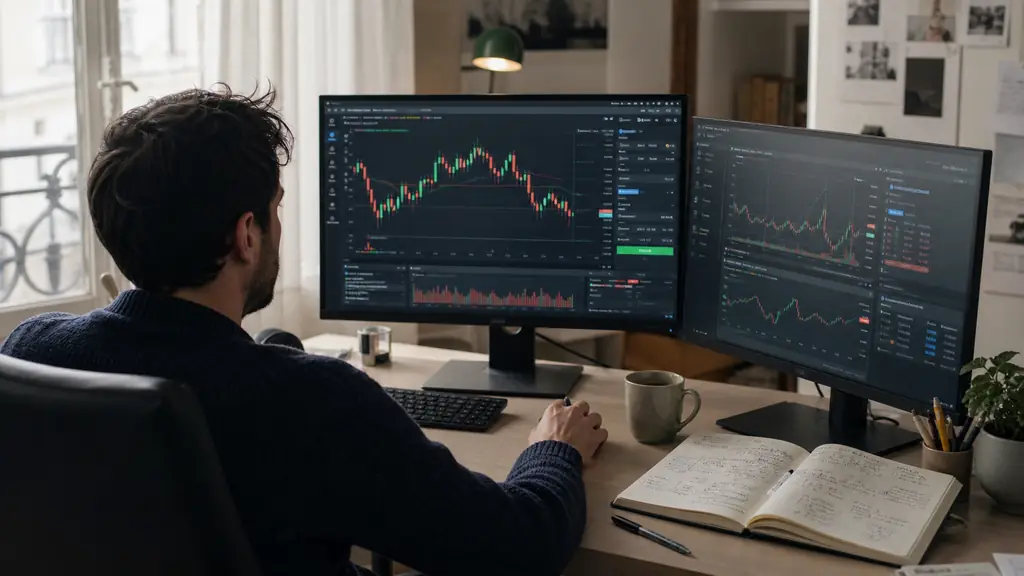 Editorial over-the-shoulder photograph of a part-time trader monitoring a demo challenge on dual screens, adjusting a stop-loss order beside a handwritten risk-management journal, no readable text, no logos
