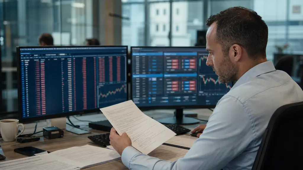 Editorial photograph of a trader comparing a centralized futures order book with an OTC forex quote screen while checking a broker compliance document, no readable text, no logos